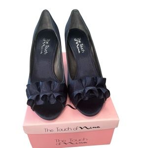 Nina Fencel Open Toe Ruffle Satin Heels Midnight Royal Size 9B